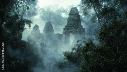 Fototapeta Naklejka Na Ścianę i Meble -  A misty jungle scene featuring ancient temple ruins, surrounded by dense foliage and atmospheric fog.