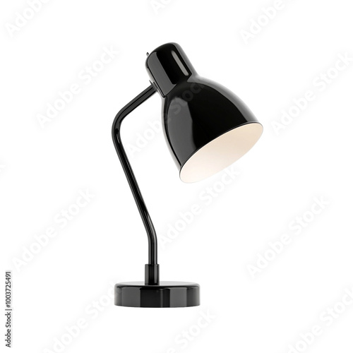 Modern black desk lamp with adjustable neck, isolated on white background.
