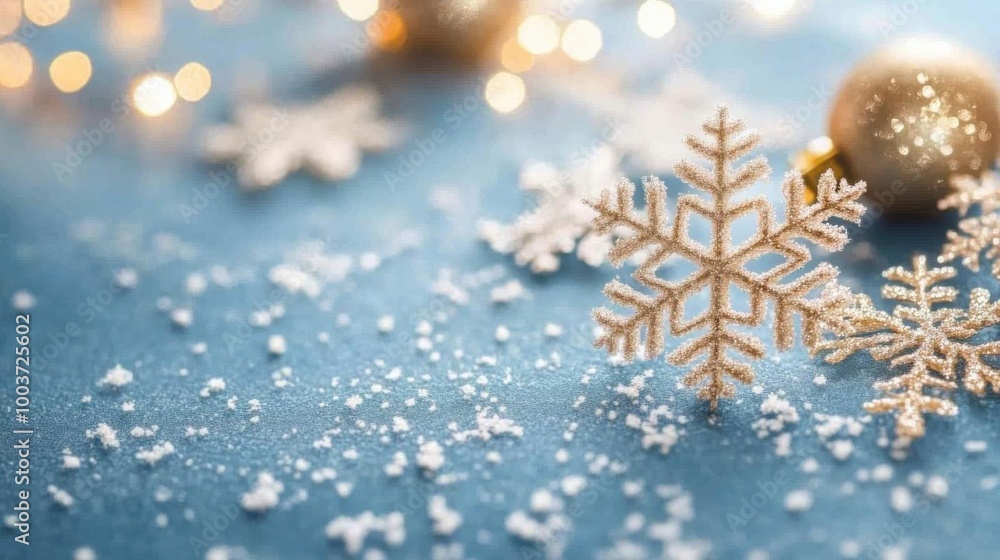 A festive winter scene featuring golden snowflakes and sparkling decorations on a blue background, perfect for holiday celebrations. A festive winter scene featuring golden snowflakes and sparkling decorations on a blue background, perfect for holiday celebrations.