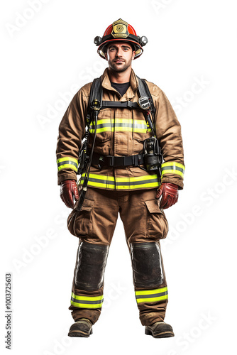 portrait of firefighter in uniform and equipment