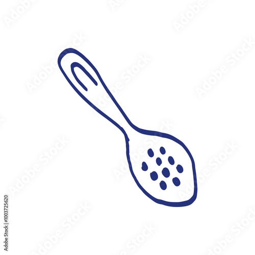 Spoon with holes. Kitchenware sketch. Doodle line vector kitchen utensil and tool. Cutlery illustration