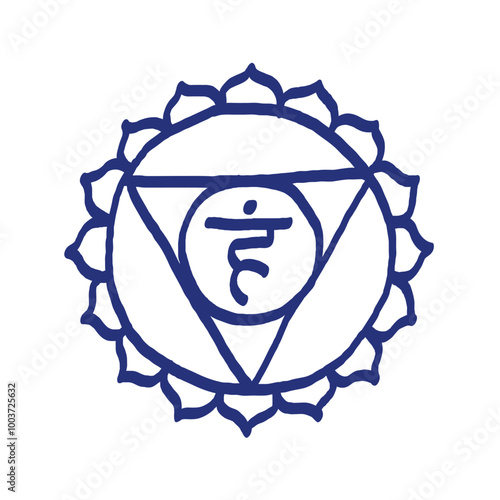 Vishuddha icon. The fifth guttural chakra. Vector meditation sign. Hand drawn sketch. Blue pen or marker drawing.