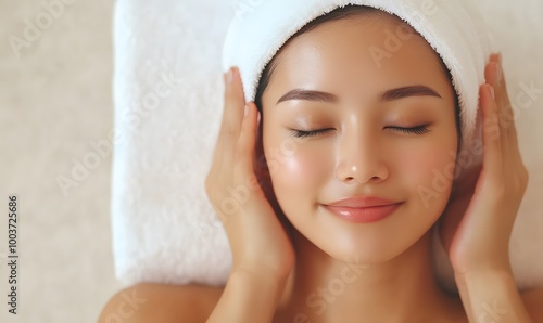  young Asian woman with glowing skin, enjoying a spa day with serene, Generative AI