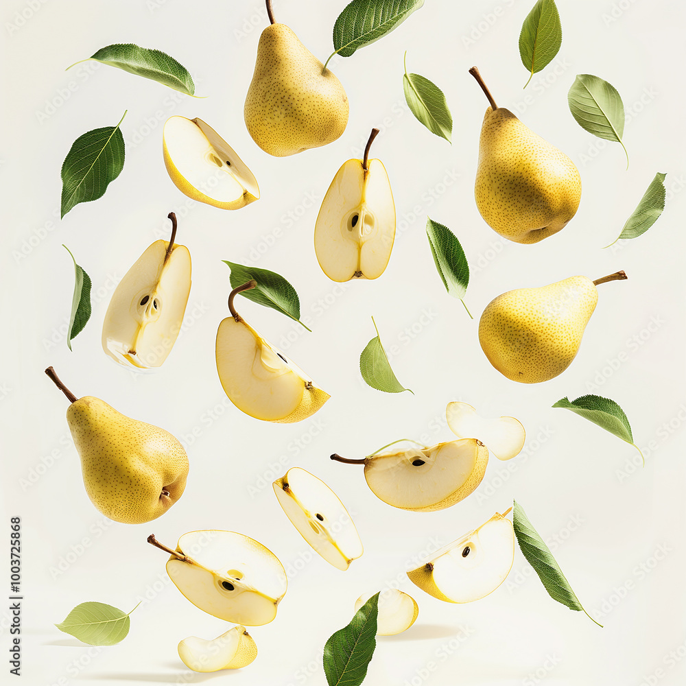 Pear with half slices falling, on white background Pear with half slices falling, on white background