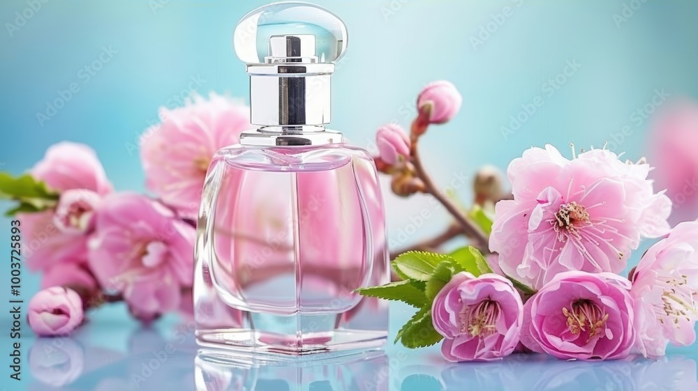 Elegant Perfume Bottle with Cherry Blossom Flowers Elegant Perfume Bottle with Cherry Blossom Flowers