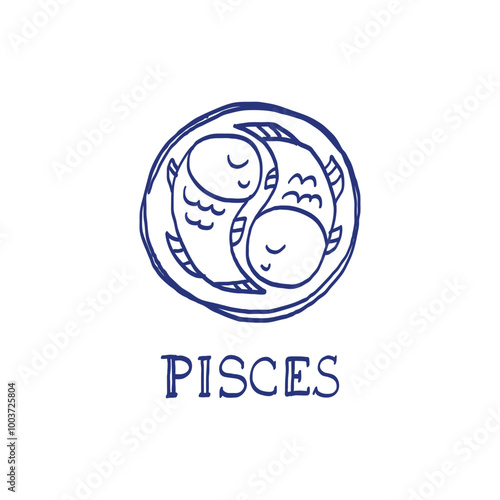 Pisces zodiac sign. Hand drawn sketch. Blue pen or marker drawing. Astrological calendar, zodiacal round. Vector horoscope