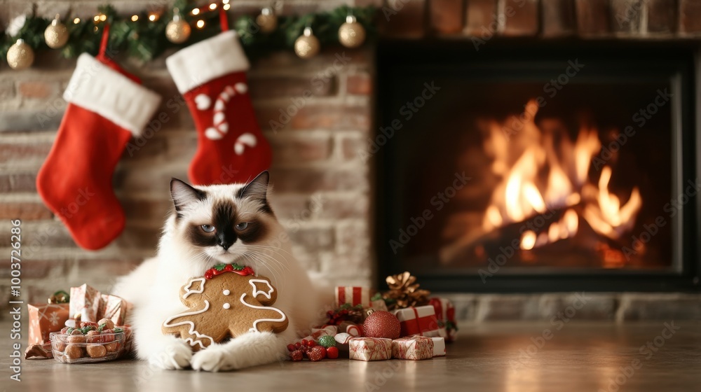 A cozy Christmas scene featuring a Ragdoll cat with a gingerbread cookie by the fireplace, surrounded by festive gifts and stockings, cat in christmas costume A cozy Christmas scene featuring a Ragdoll cat with a gingerbread cookie by the fireplace, surrounded by festive gifts and stockings, cat in christmas costume