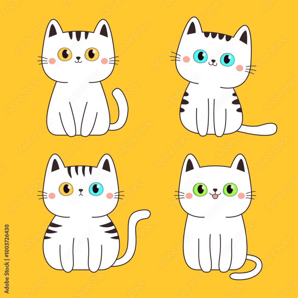 Cat set. Cute white kitten face head with yellow, blue, green eyes. Cartoon pet baby character Black contour icon. Funny kawaii animal. Childish style. Flat design. Yellow background. Vector Cat set. Cute white kitten face head with yellow, blue, green eyes. Cartoon pet baby character Black contour icon. Funny kawaii animal. Childish style. Flat design. Yellow background. Vector