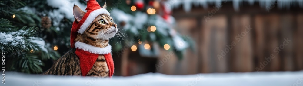 A festive Bengal cat dressed in a Santa costume, surrounded by Christmas decorations and a snowy landscape, evoking holiday cheer, cat in christmas costume A festive Bengal cat dressed in a Santa costume, surrounded by Christmas decorations and a snowy landscape, evoking holiday cheer, cat in christmas costume