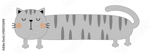Gray long body cat standing. Funny sad face head silhouette. Fat kitten banner. Meow. Cute cartoon kawaii baby character. Kawaii pet animal. Childish style. Flat design. White background. Vector