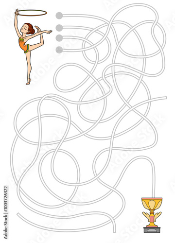 Maze game for kids. Help cartoon rhythmic gymnast get to the sports trophy cup.