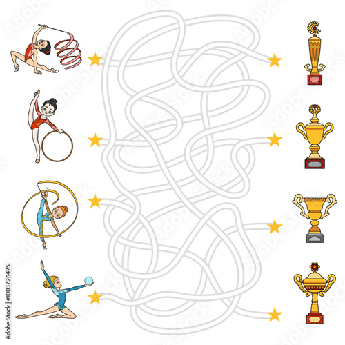 Maze game for kids, set of cartoon rhythmic gymnasts characters. Help the girls get to the sports trophy cups.