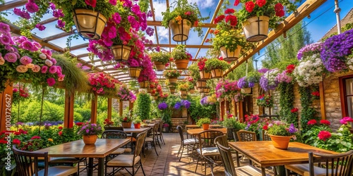 A mesmerizing photo taken from a worm s eye view of an enchanting English garden style background cafe with vibrant flowers hanging from trellises and cozy outdoor seating, cafe photo