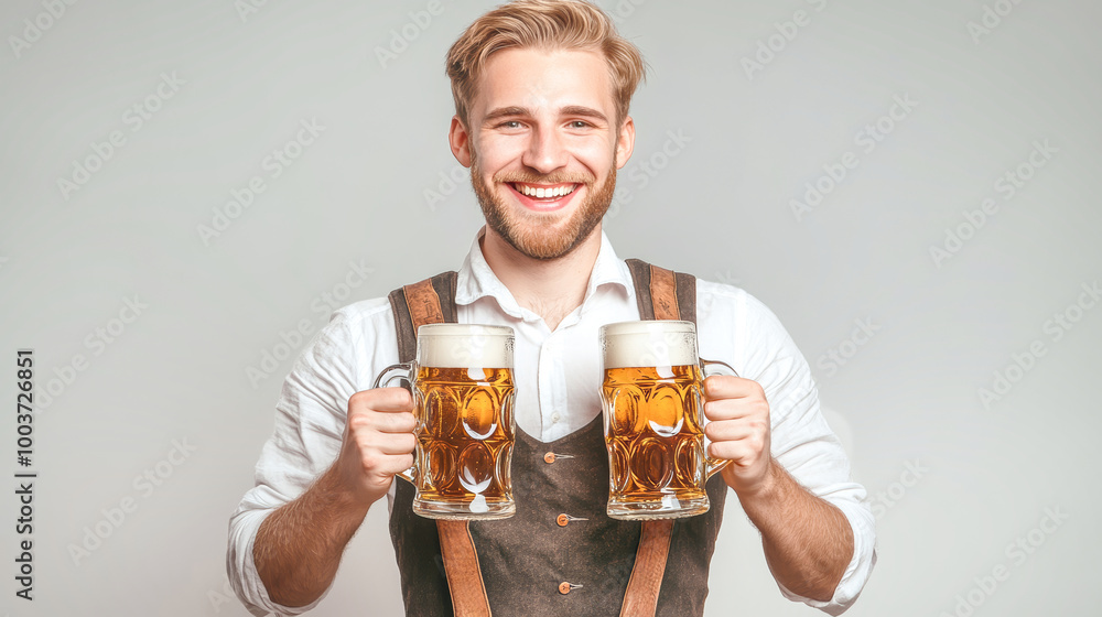 A cheerful young man in traditional Bavarian costume holds two frosty beer mugs, exuding joy and festive spirit against a neutral backdrop A cheerful young man in traditional Bavarian costume holds two frosty beer mugs, exuding joy and festive spirit against a neutral backdrop