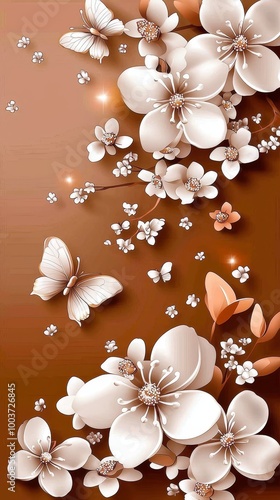  A single butterfly amidst a cluster of white flowers against a brown background