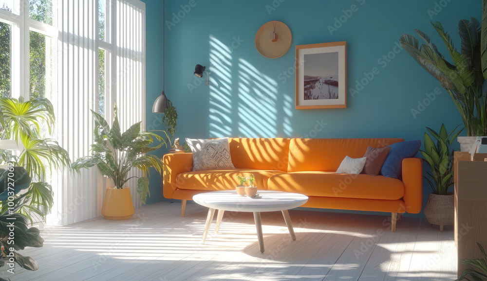 A modern living room with an orange sofa and blue wall, creating a cozy atmosphere. A modern living room with an orange sofa and blue wall, creating a cozy atmosphere.