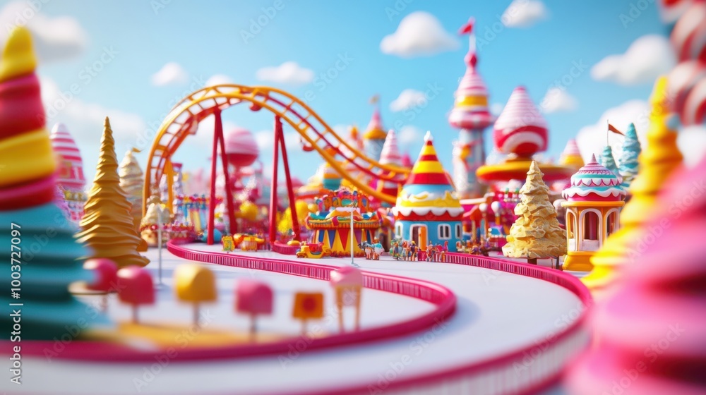 3D effect of a whimsical amusement park with roller coasters, bright colors, and fun attractions 3D effect of a whimsical amusement park with roller coasters, bright colors, and fun attractions