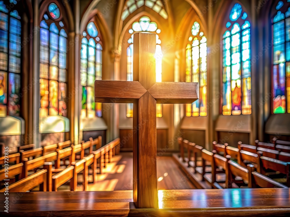 Fototapeta premium Vintage wooden cross takes center stage in a serene church setting, warm light streaming through stained glass windows, creating a sense of reverence and tranquility.
