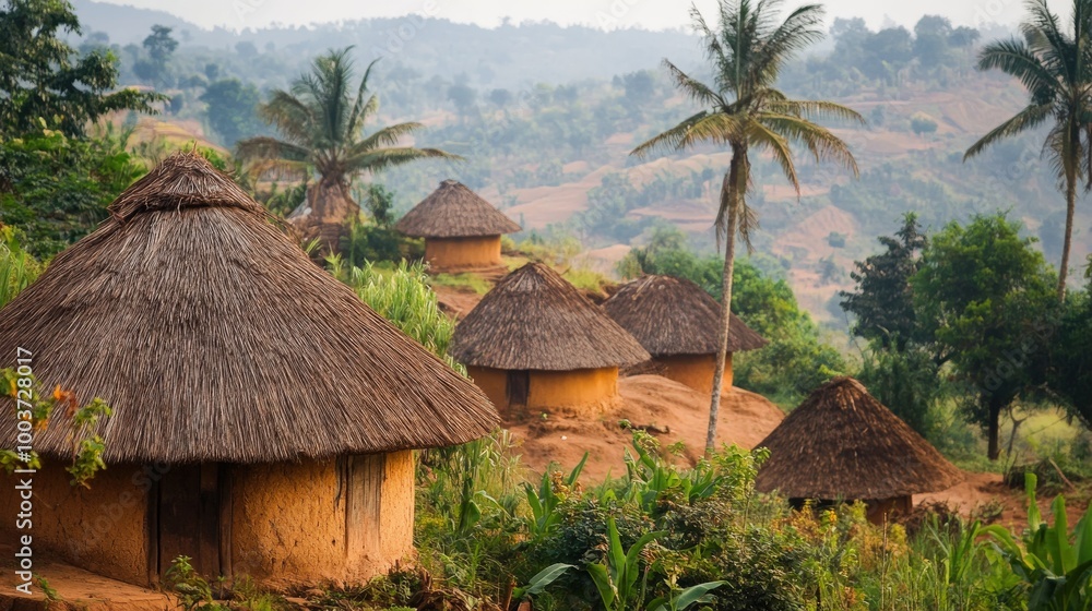 A beautiful village scene showcasing vernacular architecture with traditional thatched roofs and mud walls A beautiful village scene showcasing vernacular architecture with traditional thatched roofs and mud walls
