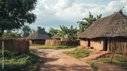 A beautiful village scene showcasing vernacular architecture with traditional thatched roofs and mud walls