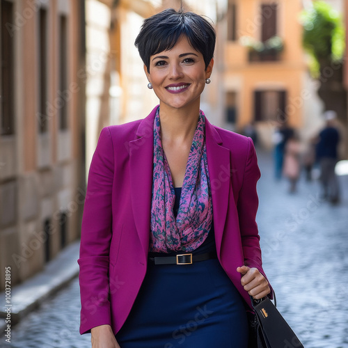 young beautiful woman wearing pink suit photo