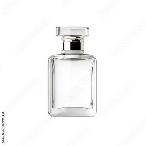 Elegant glass perfume bottle with a classic design, isolated on a white background.