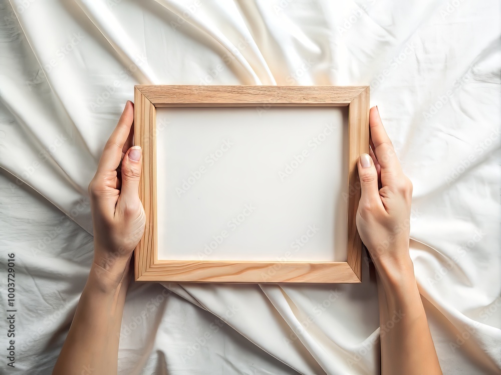 Naklejka premium Isolated hands cradling a blank wooden frame against a crisp white cloth background, perfect for showcasing artwork, photography, or design mockups in a clean and minimalist setting.