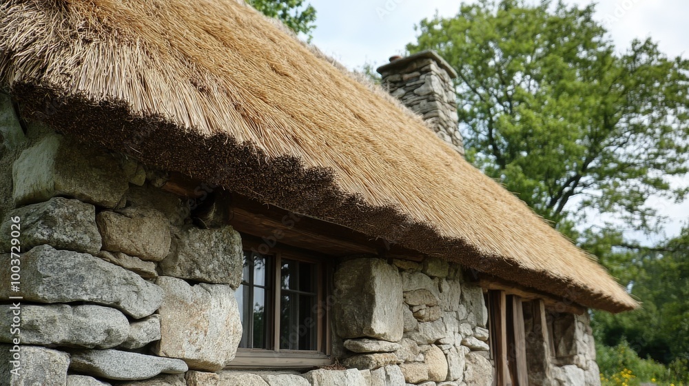 A close-up of a vernacular house with wooden beams, stone walls, and a natural thatch A close-up of a vernacular house with wooden beams, stone walls, and a natural thatch