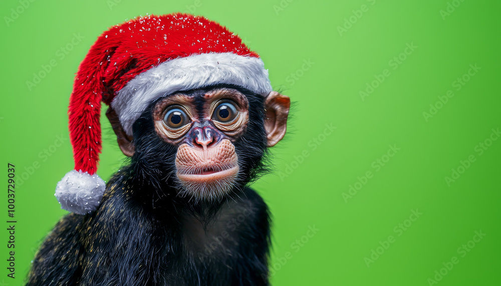 A playful monkey wearing a Santa hat against a vibrant green background, evoking a festive and cheerful holiday spirit. A playful monkey wearing a Santa hat against a vibrant green background, evoking a festive and cheerful holiday spirit.