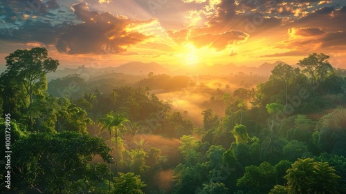 Beautiful green amazon forest landscape at sunset sunrise - ai