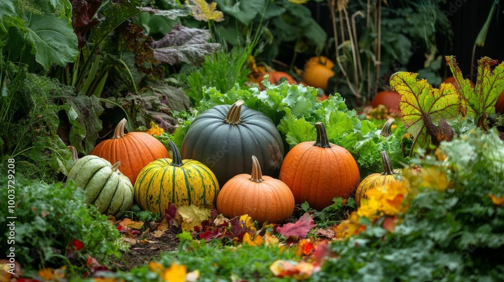 Assorted Pumpkins and Gourds on a Patch of Autumn Leaves Assorted Pumpkins and Gourds on a Patch of Autumn Leaves