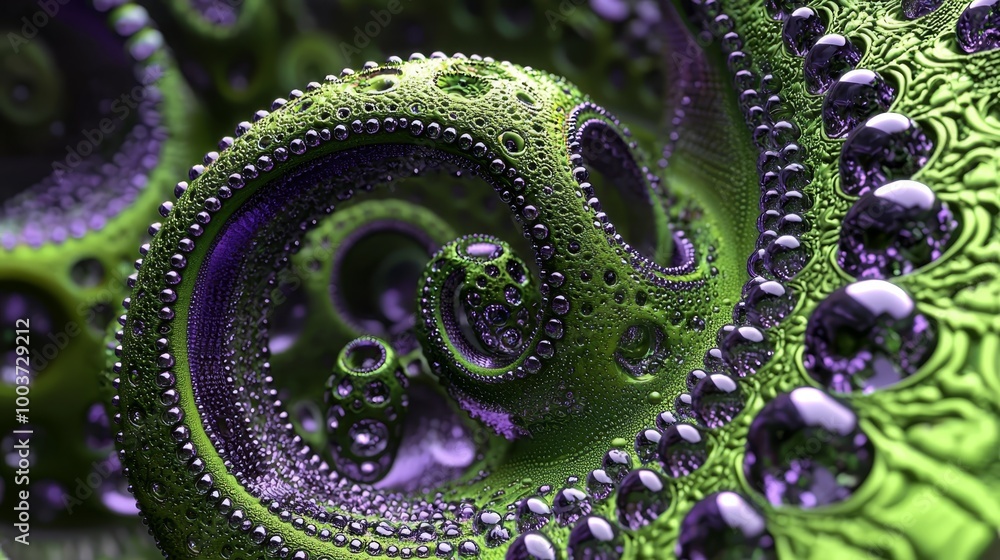 A tight shot of a green and purple object, adorned with water droplets at its base A tight shot of a green and purple object, adorned with water droplets at its base