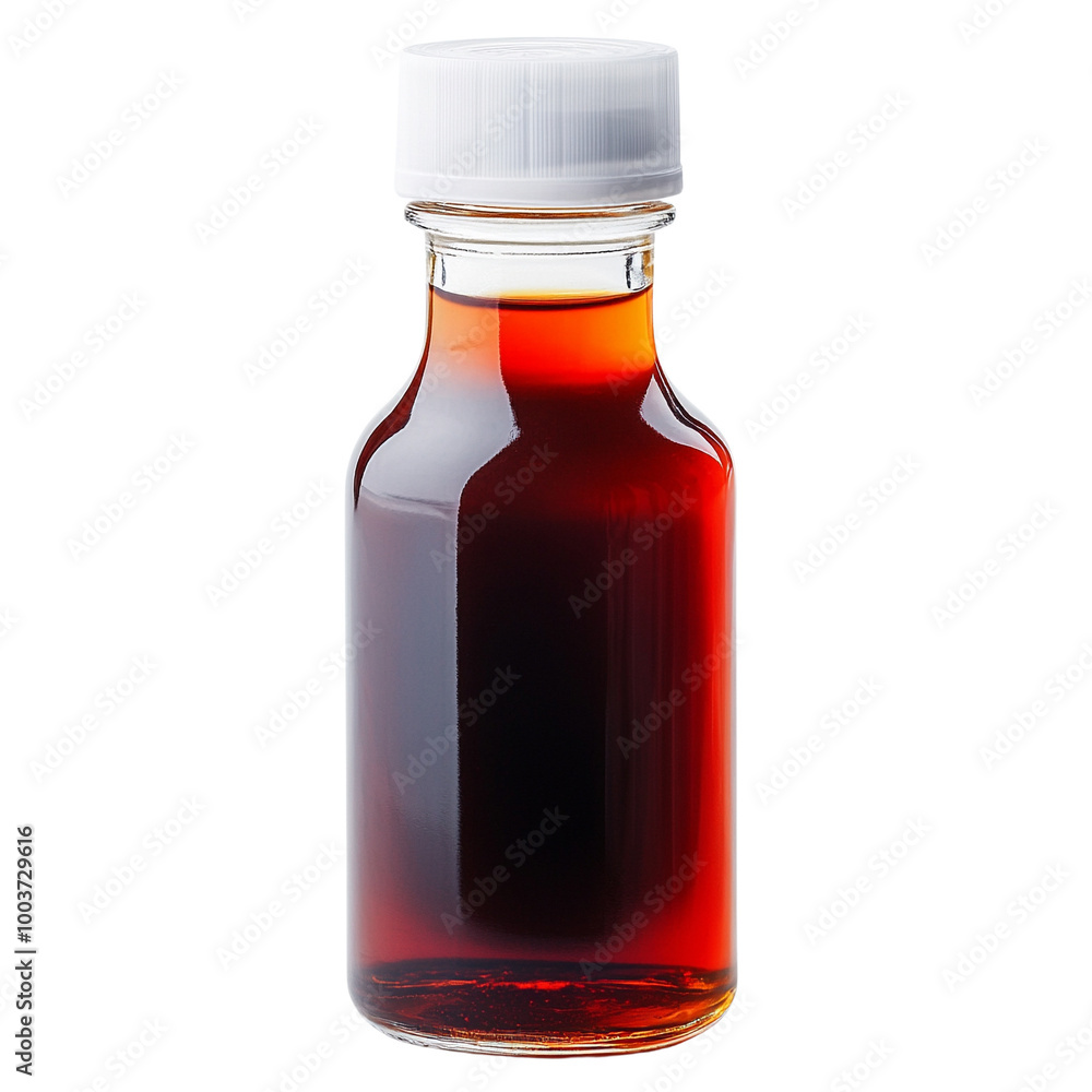Fototapeta premium Glass bottle filled with dark liquid on white isolated background.