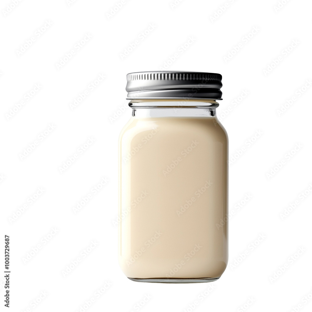 Glass jar filled with creamy liquid, isolated on white background. Glass jar filled with creamy liquid, isolated on white background.