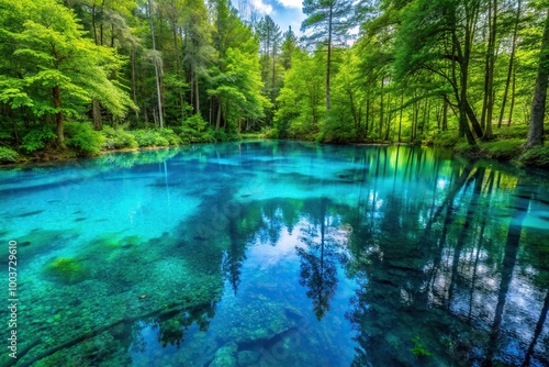 Macro Blue water pond surrounded by forest crystal clear water