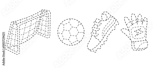 Connect the dots, educational game for kids. Set of football objects