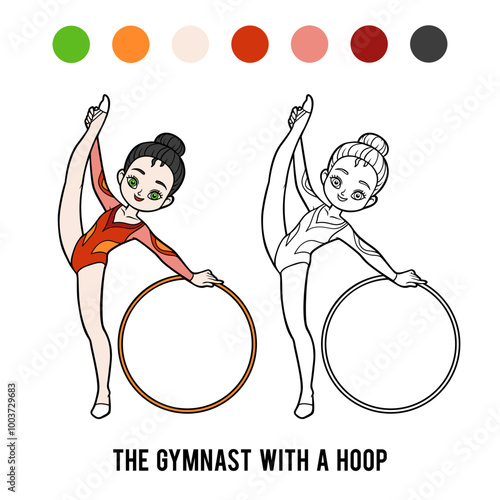 Coloring book for kids, asian gymnast girl with a hoop