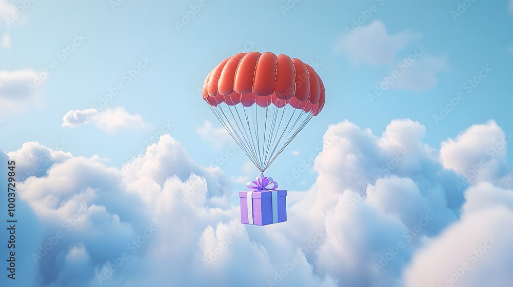 Fototapeta premium 3D Red parachute carrying purple gift box flying through clouds. 3d render illustration.