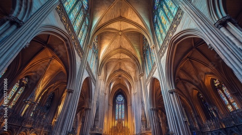 A dynamic shot of a cathedral with soaring arches, stained glass windows, and detailed sculptures