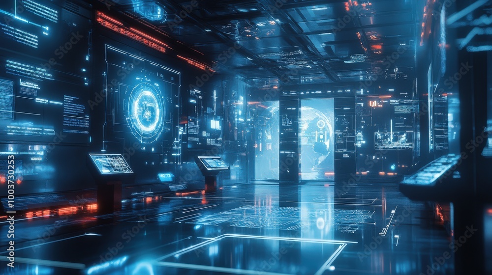 A dynamic shot of a futuristic museum with interactive exhibits, holographic guides A dynamic shot of a futuristic museum with interactive exhibits, holographic guides