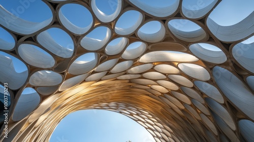 A dynamic shot of a parametric roof structure on a modern pavilion, with a unique, wave-like form