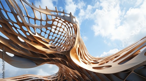 A dynamic shot of a parametric roof structure on a modern pavilion, with a unique, wave-like form