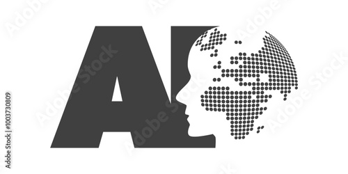 Black and White Machine Learning, Artificial Intelligence, Cloud Computing and Global Networks Design Concept with Dotted Earth Globe Inside a Robot Head, Big AI Label - Isolated on White Background