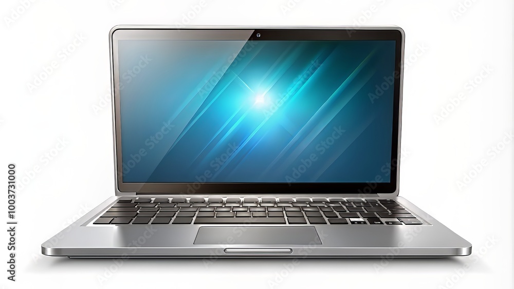 Modern silver laptop computer with glowing screen and black keyboard isolated on transparent background, perfect for e-commerce, technology, and business concepts. Modern silver laptop computer with glowing screen and black keyboard isolated on transparent background, perfect for e-commerce, technology, and business concepts.