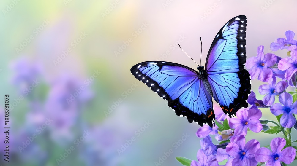 A blue butterfly atop a purple flower against a hazy backdrop of purple blooms in the foreground, and a vague expanse of blue blossoms beyond A blue butterfly atop a purple flower against a hazy backdrop of purple blooms in the foreground, and a vague expanse of blue blossoms beyond