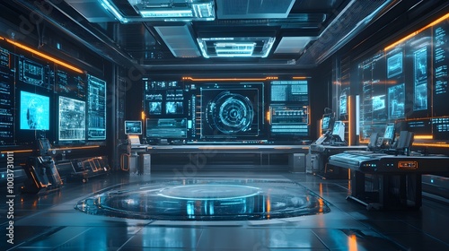 Futuristic product inspection room  autonomous AI robots monitoring safety levels  holographic data overlays on transparent screens  chrome and glass textures