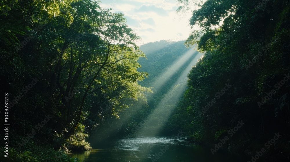 A forest with a river running through it A forest with a river running through it
