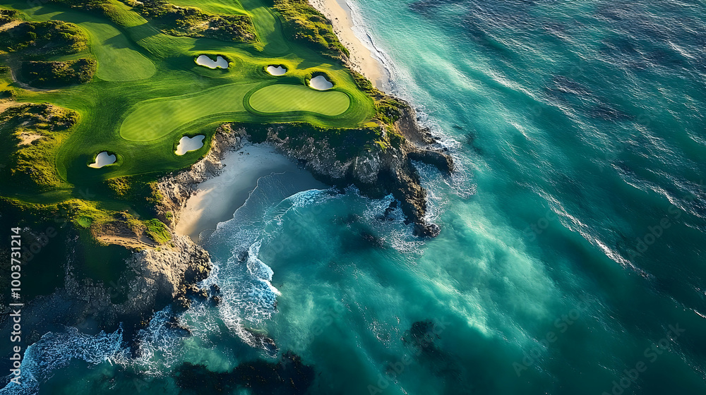 Fototapeta premium Oceanside Golf Course Aerial View: Green Grass, Blue Water