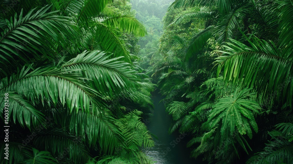 A lush green jungle with a river running through it A lush green jungle with a river running through it