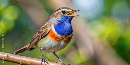 A close up photograph of a singing Bluethroat Luscinia svecica perched on a branch captured with a fisheye lens showcasing its vibrant plumage and melodious song, vibrant plumage